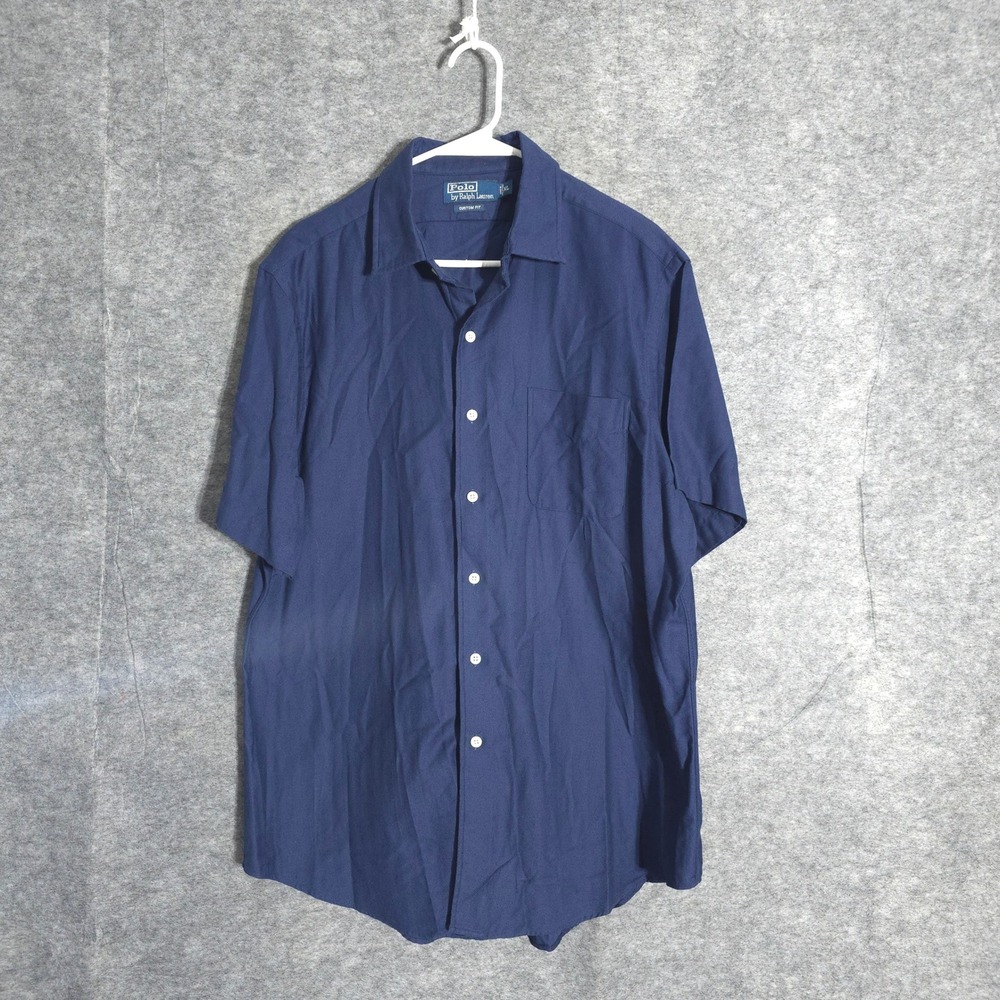 Polo Ralph Lauren Shirt Mens XL Navy Blue Herringbone Short Sleeve Custom Fit